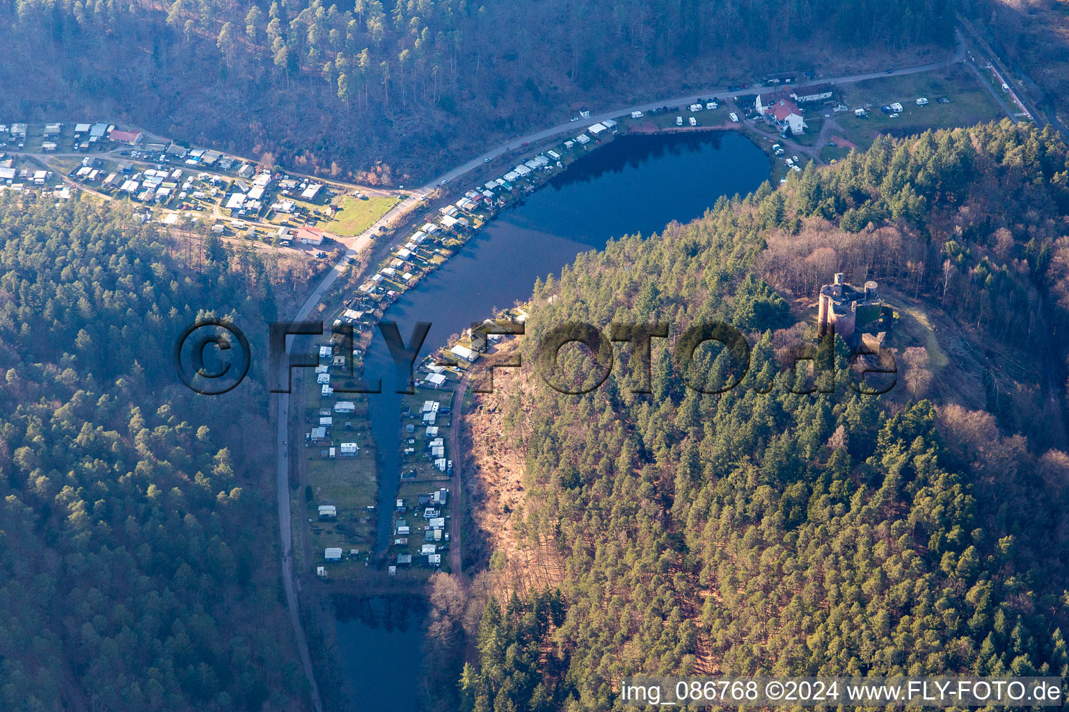 Aerial photograpy of Neudahner Weiher campsite in Dahn in the state Rhineland-Palatinate, Germany