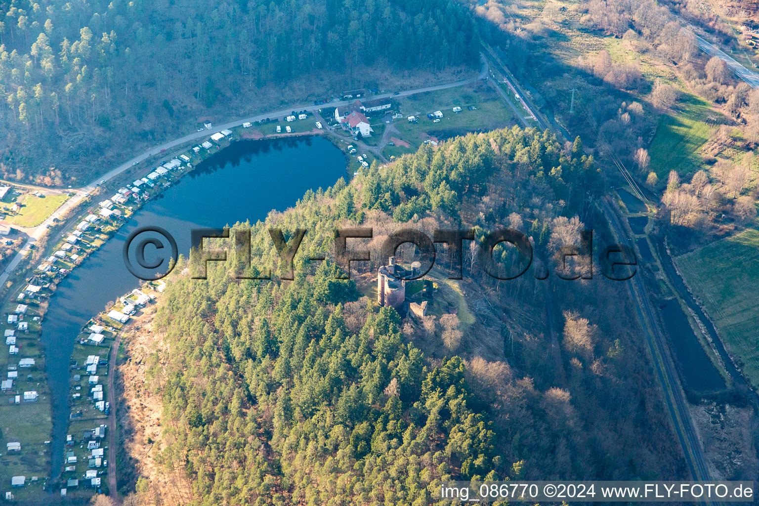 Oblique view of Camping Neudahner Weiher in Dahn in the state Rhineland-Palatinate, Germany