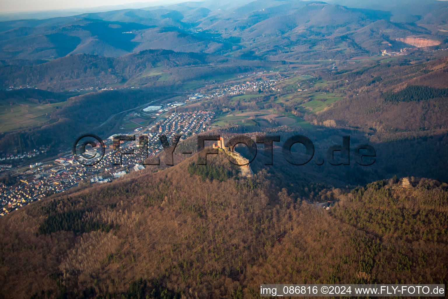 Drone recording of Trifels Castle in Annweiler am Trifels in the state Rhineland-Palatinate, Germany