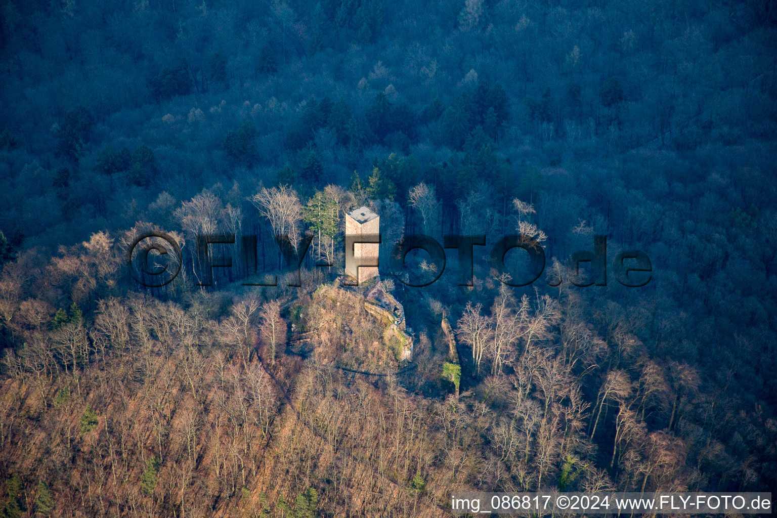 Oblique view of Scharfenberg Castle Ruins, called "Münz in Leinsweiler in the state Rhineland-Palatinate, Germany