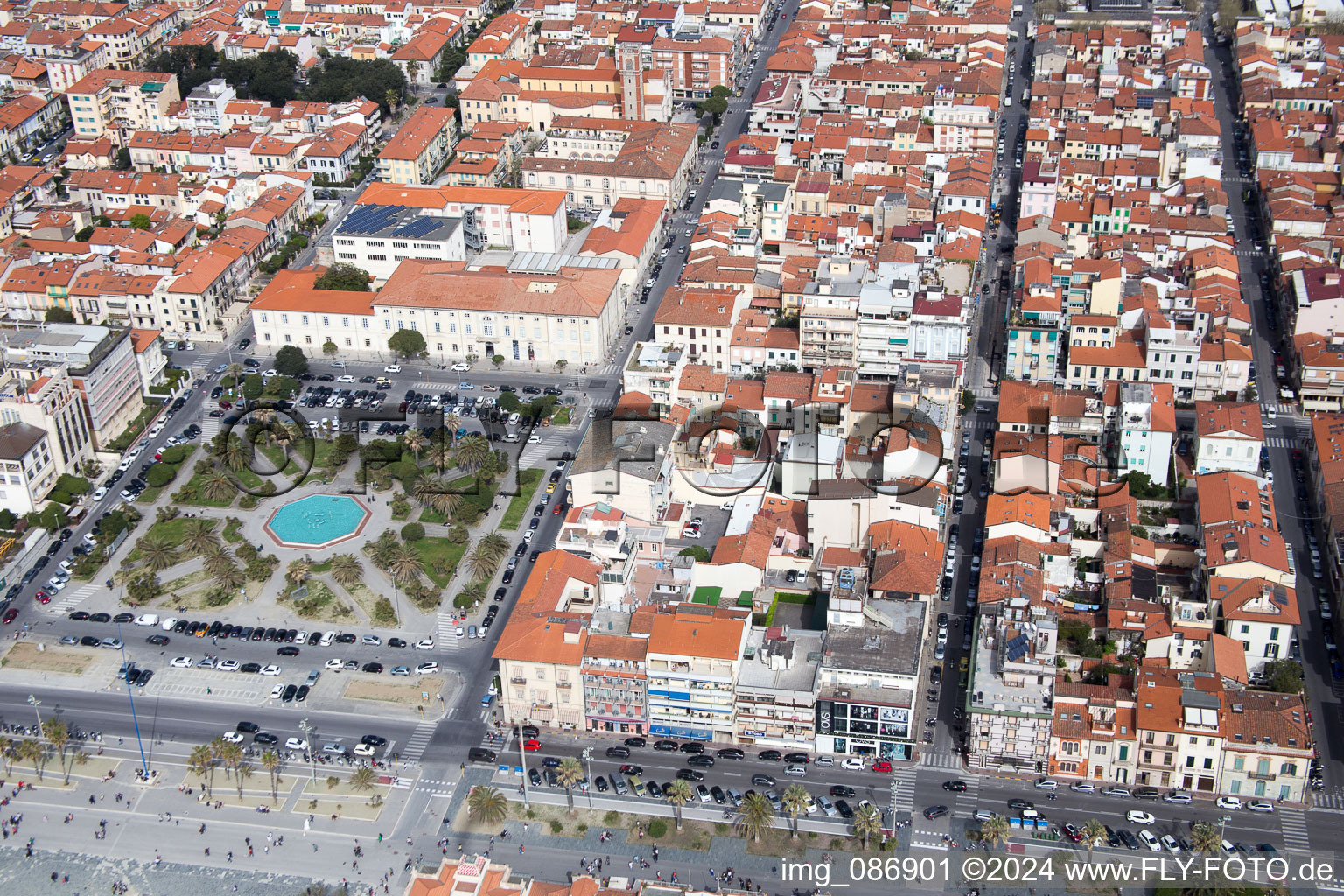 Drone recording of Viareggio in the state Tuscany, Italy