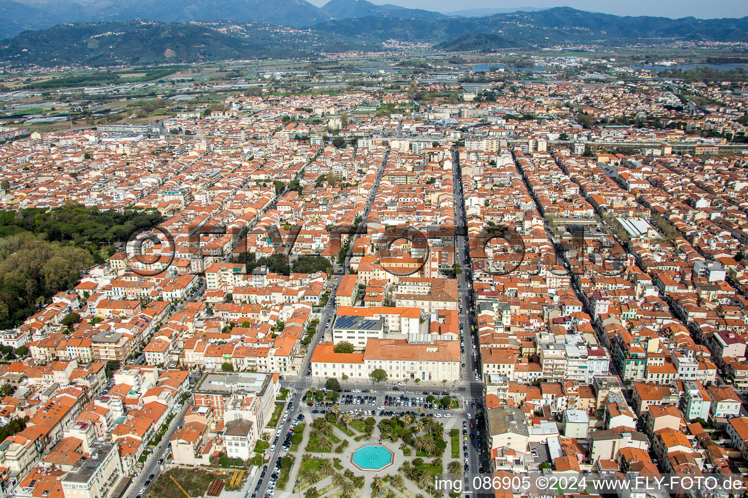 Aerial view of Parc on place Piazza Giuseppe Mazzini on Strandpromenade in the inner city center in Viareggio in Toskana, Italy