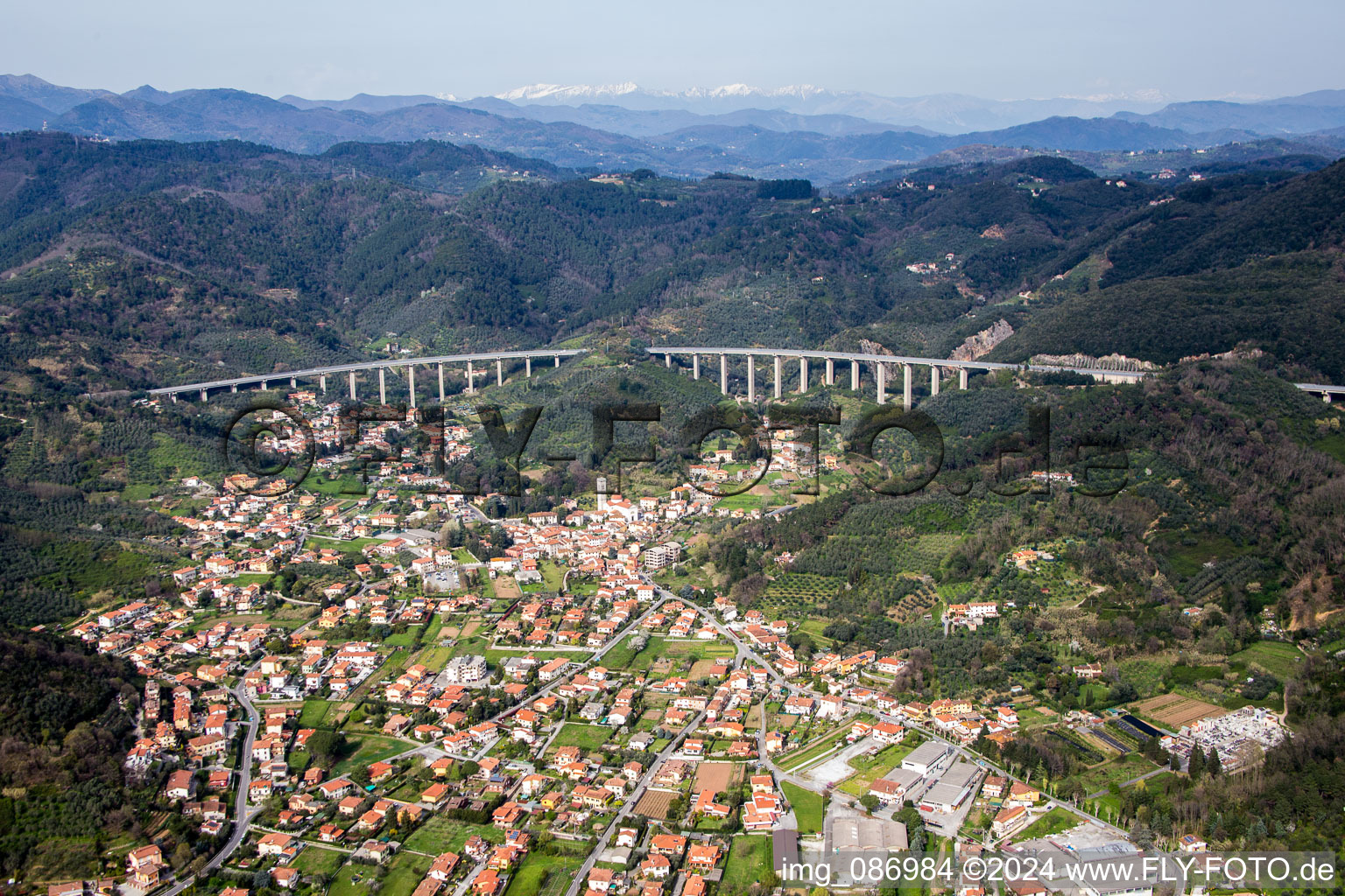 Aerial view of City outskirts and suburban residential areas in Massarosa in the state Lucca, Italy