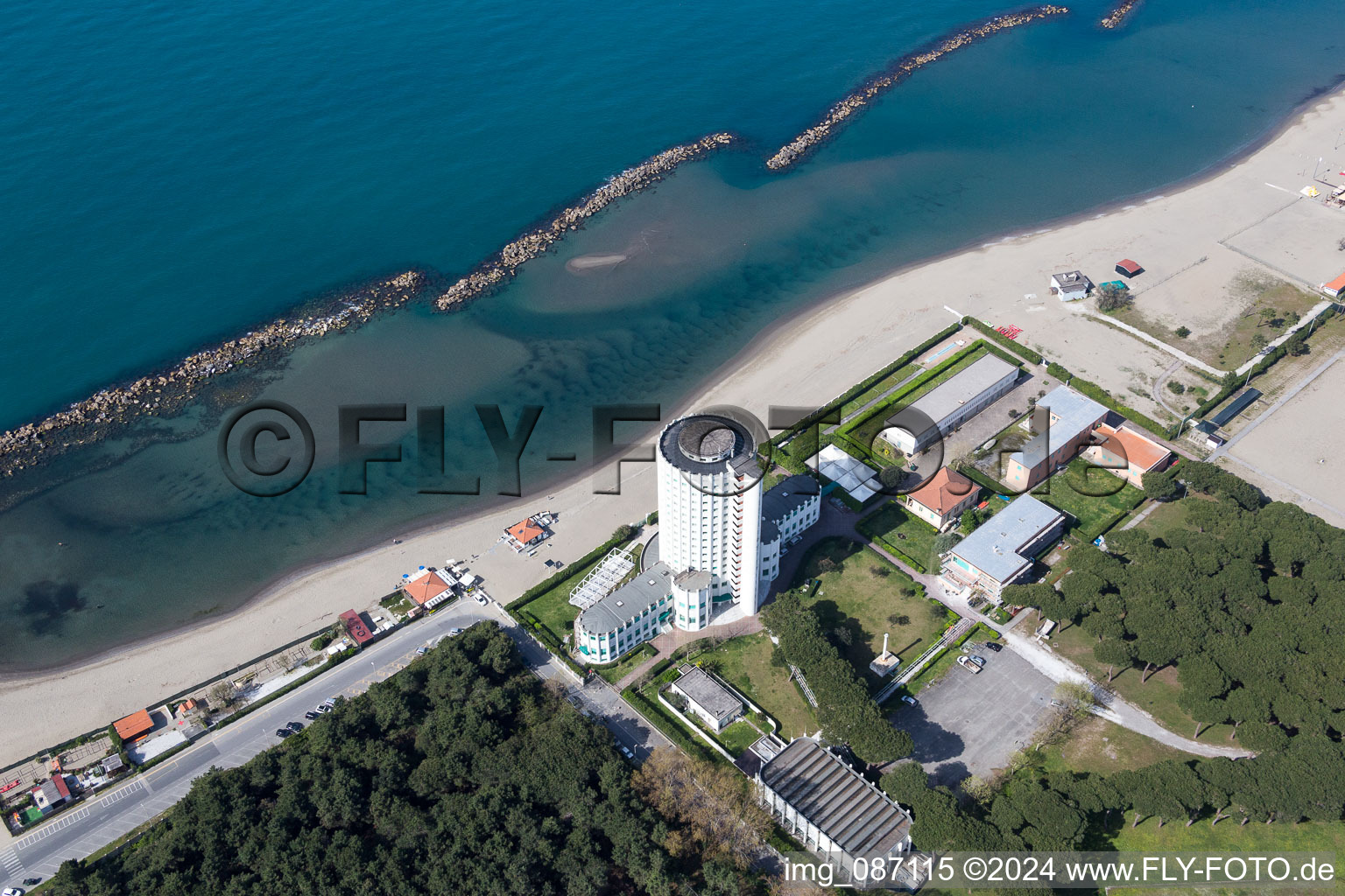 High-rise building of the hotel complex Colonia marina Edoardo Agnelli in Villaggio Torre Marina at beach of the liguric sea in Massa in Toskana, Italy