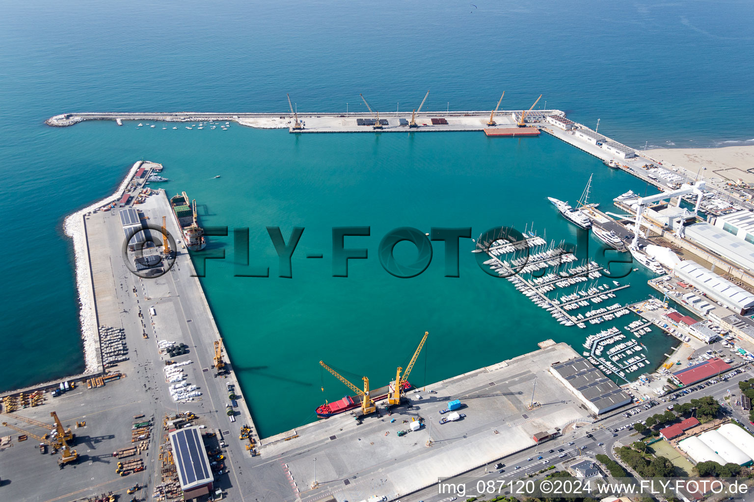 Port facilities on the seashore of the Ligurian sea in the district Marina di Carrara in Carrara in Toskana, Italy