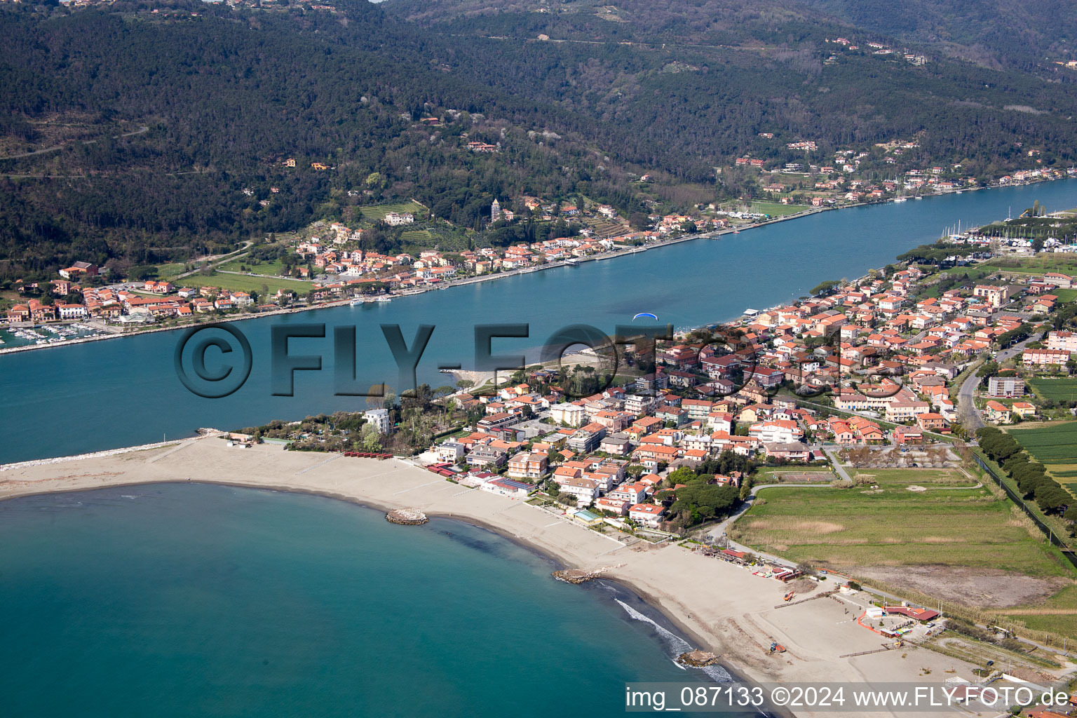 Marinella di Sarzana in the state Liguria, Italy seen from above