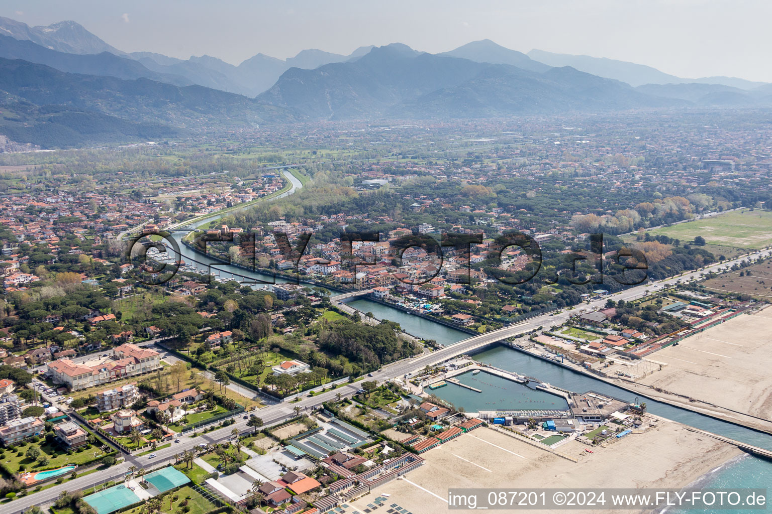 River mouth and Townscape on the seacoast of of ligurian sea in Capanne-Prato-Cinquale in Toskana, Italy