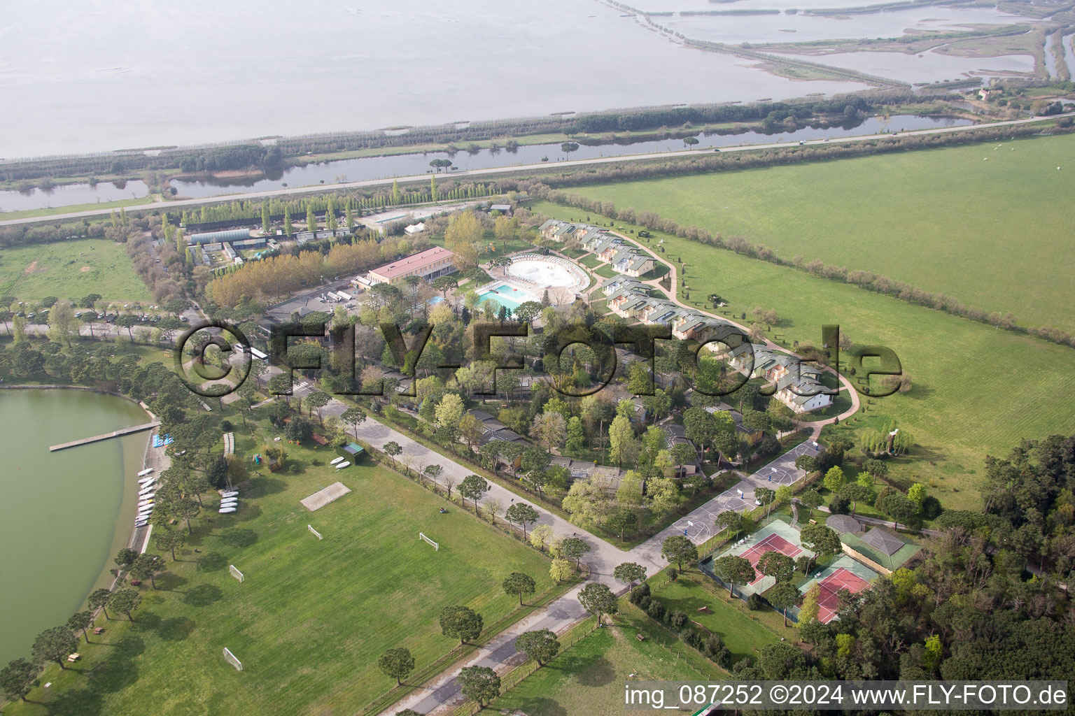 Aerial view of Comacchio, Lido di Volano in Lido di Volano in the state Emilia Romagna, Italy