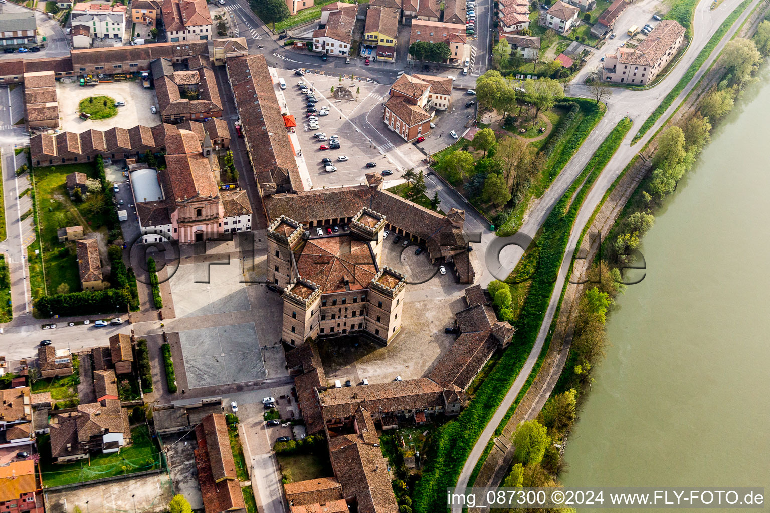 Aerial view of Castle towers at Castle Castle of Robinie Castello di Mesola - Delizia Estense at the Po river in Mesola in Emilia-Romagna, Italy