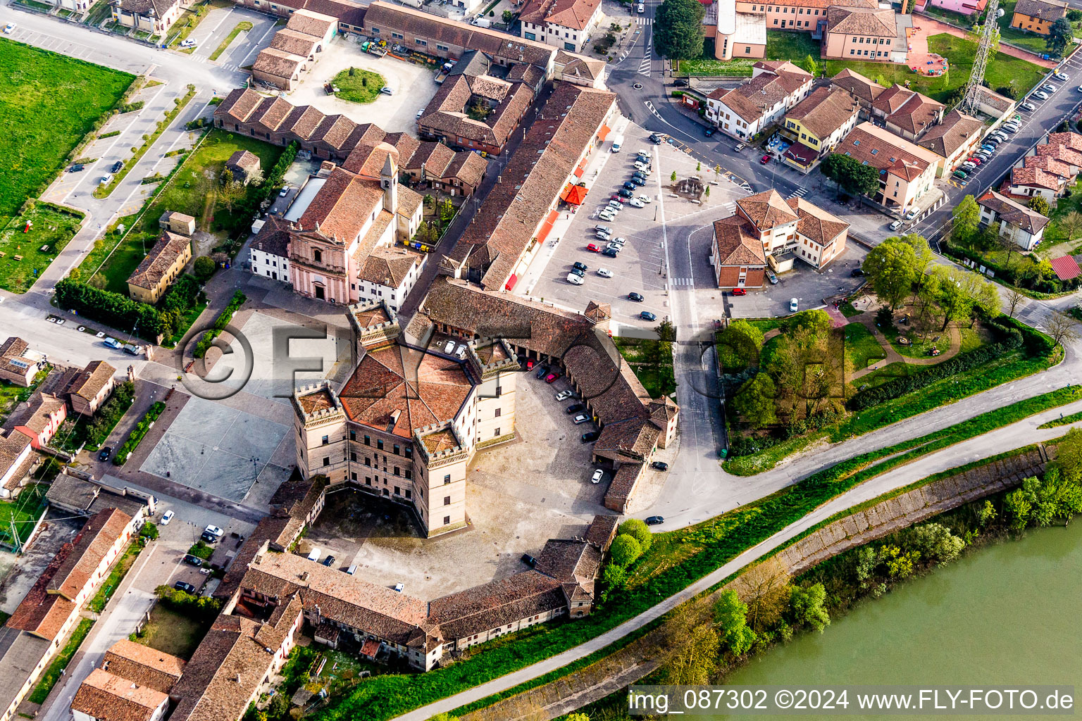 Aerial photograpy of Castle towers at Castle Castle of Robinie Castello di Mesola - Delizia Estense at the Po river in Mesola in Emilia-Romagna, Italy