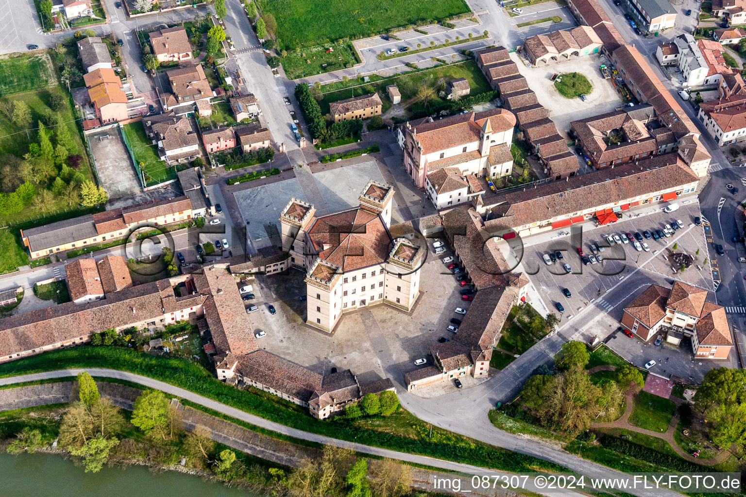 Oblique view of Castle towers at Castle Castle of Robinie Castello di Mesola - Delizia Estense at the Po river in Mesola in Emilia-Romagna, Italy