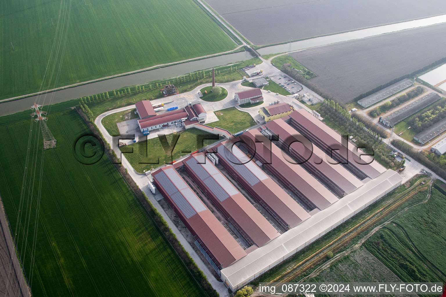 Aerial view of Animal breeding equipment Livestock breeding for meat production in Codigoro in Emilia-Romagna, Italy