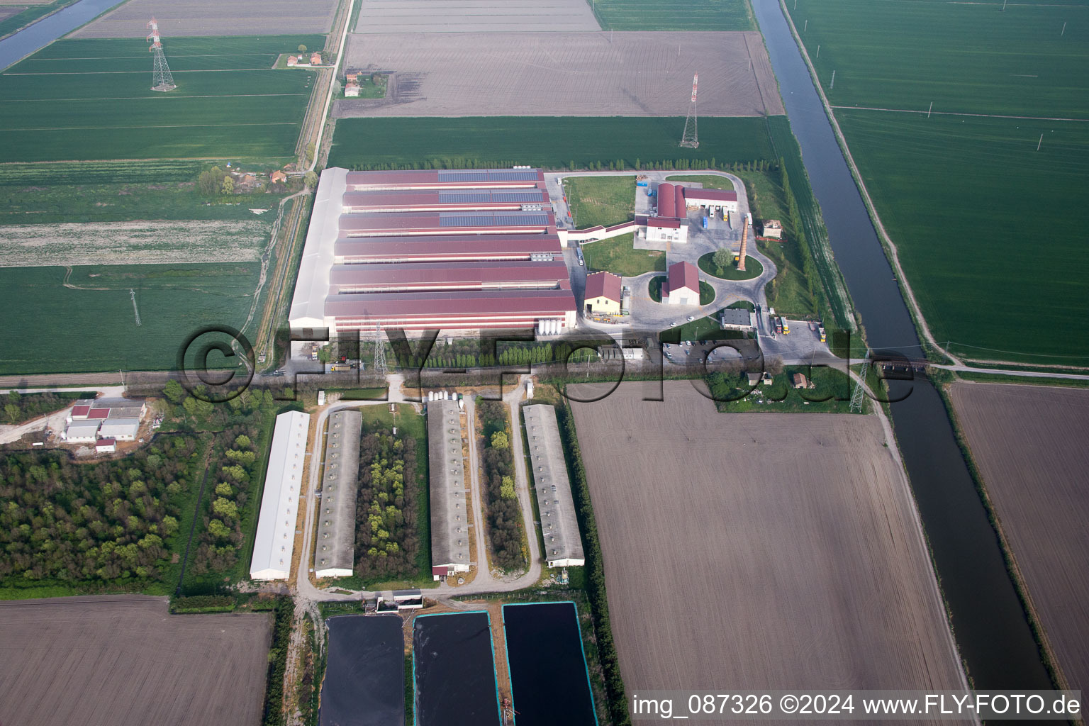 Aerial photograpy of Animal breeding equipment Livestock breeding for meat production in Codigoro in Emilia-Romagna, Italy