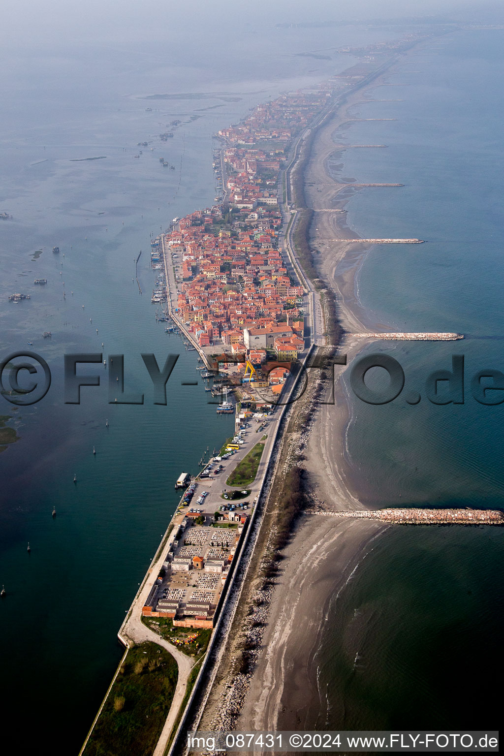 Aerial view of Settlement area in the district Pellestrina in Venedig in Venetien, Italy