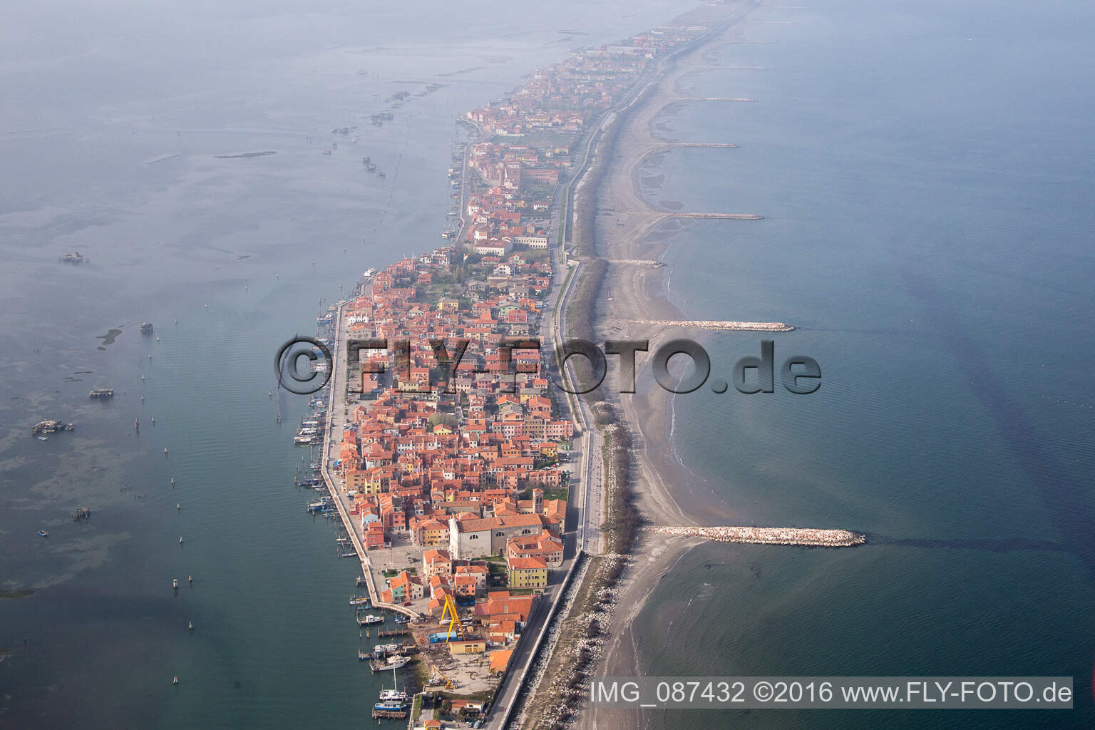 Aerial photograpy of Settlement area in the district Pellestrina in Venedig in Venetien, Italy