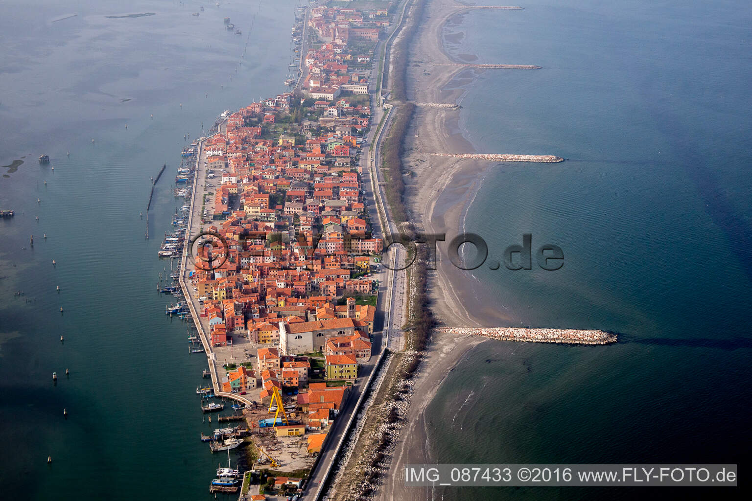 Oblique view of Settlement area in the district Pellestrina in Venedig in Venetien, Italy