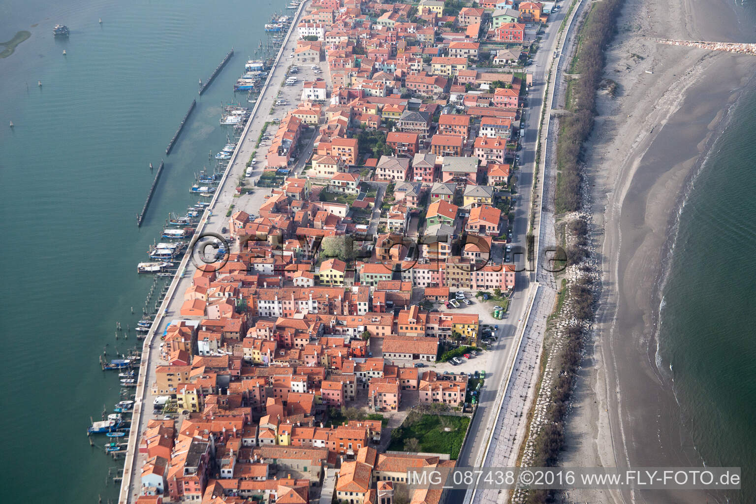 Settlement area in the district Pellestrina in Venedig in Venetien, Italy seen from above