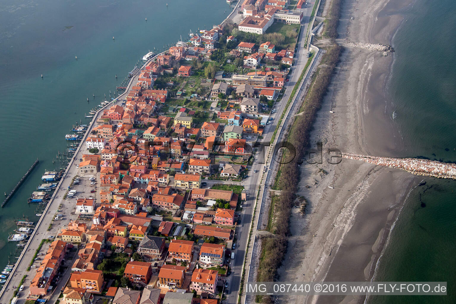 Bird's eye view of Settlement area in the district Pellestrina in Venedig in Venetien, Italy