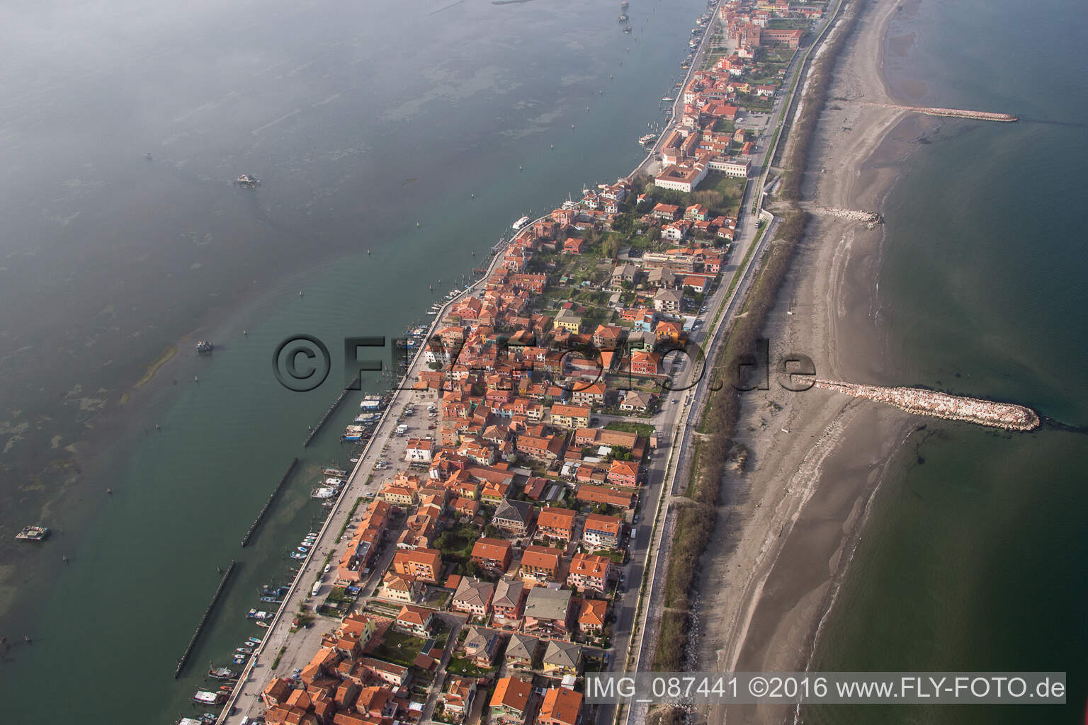Settlement area in the district Pellestrina in Venedig in Venetien, Italy viewn from the air
