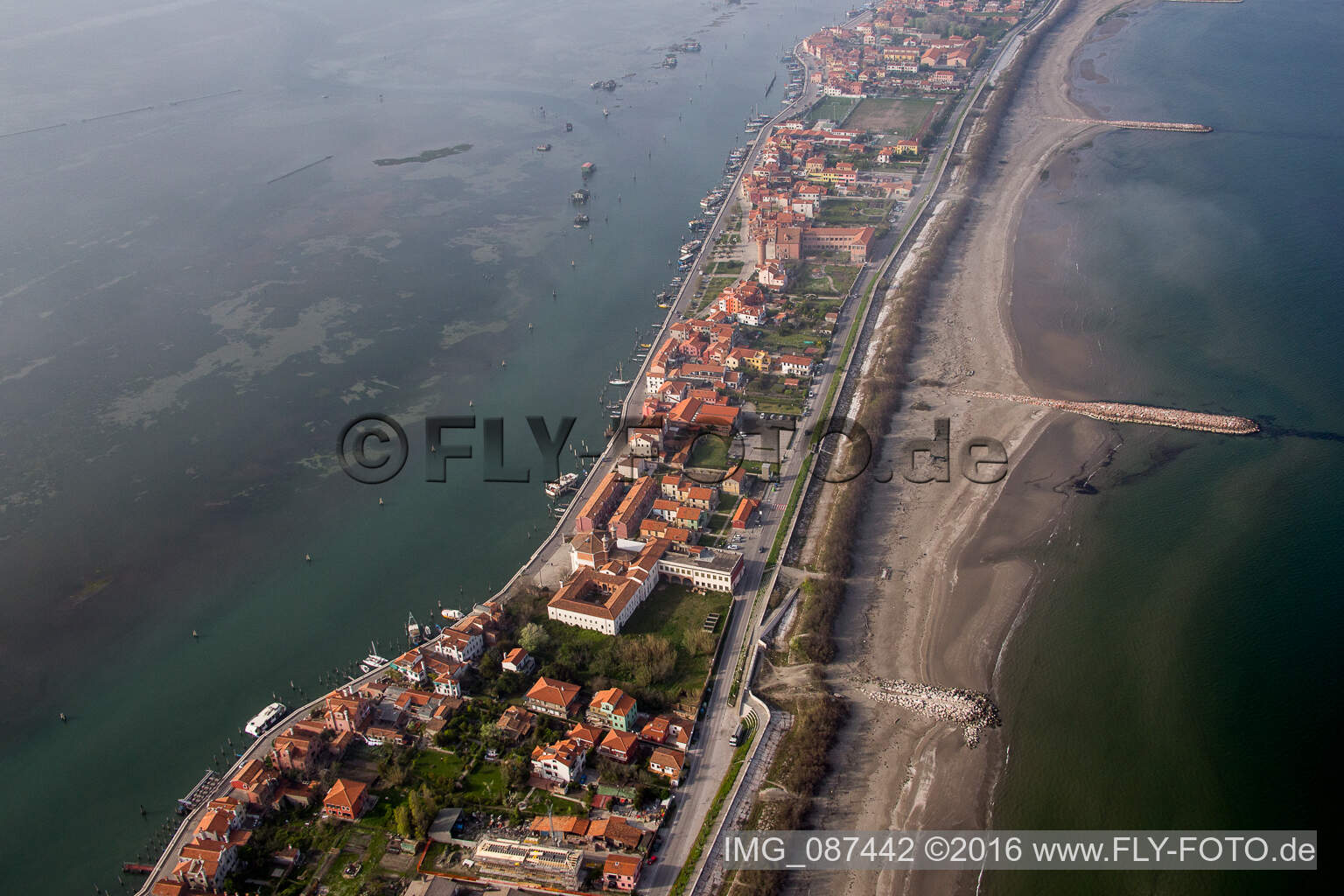 Drone recording of Settlement area in the district Pellestrina in Venedig in Venetien, Italy