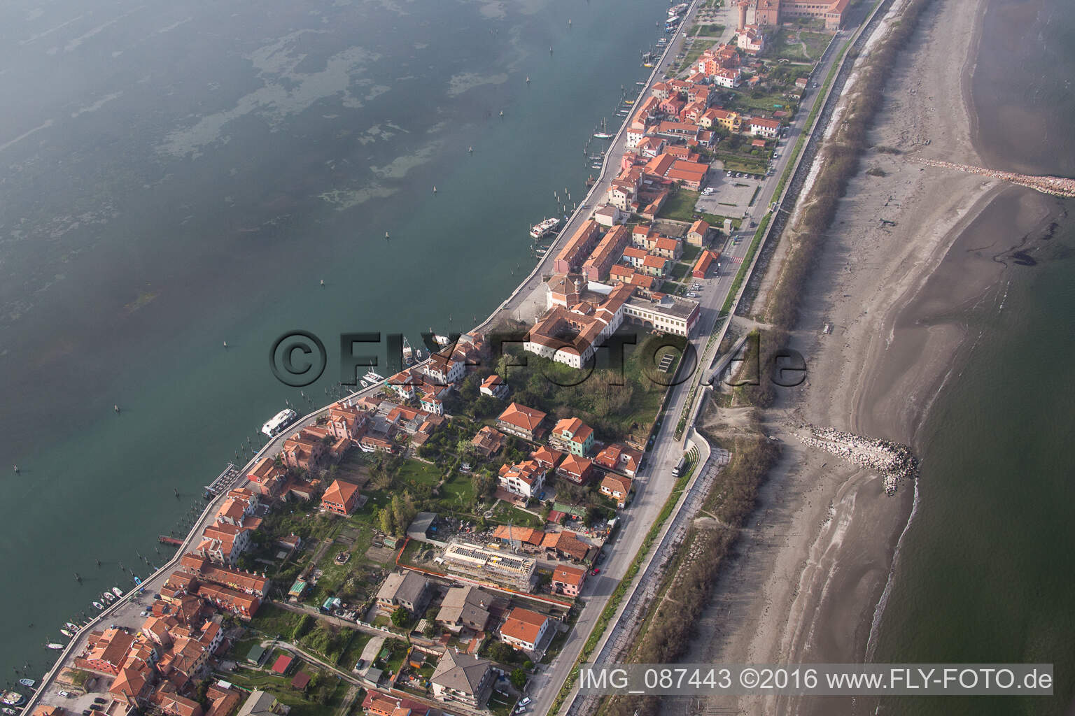 Drone image of Settlement area in the district Pellestrina in Venedig in Venetien, Italy