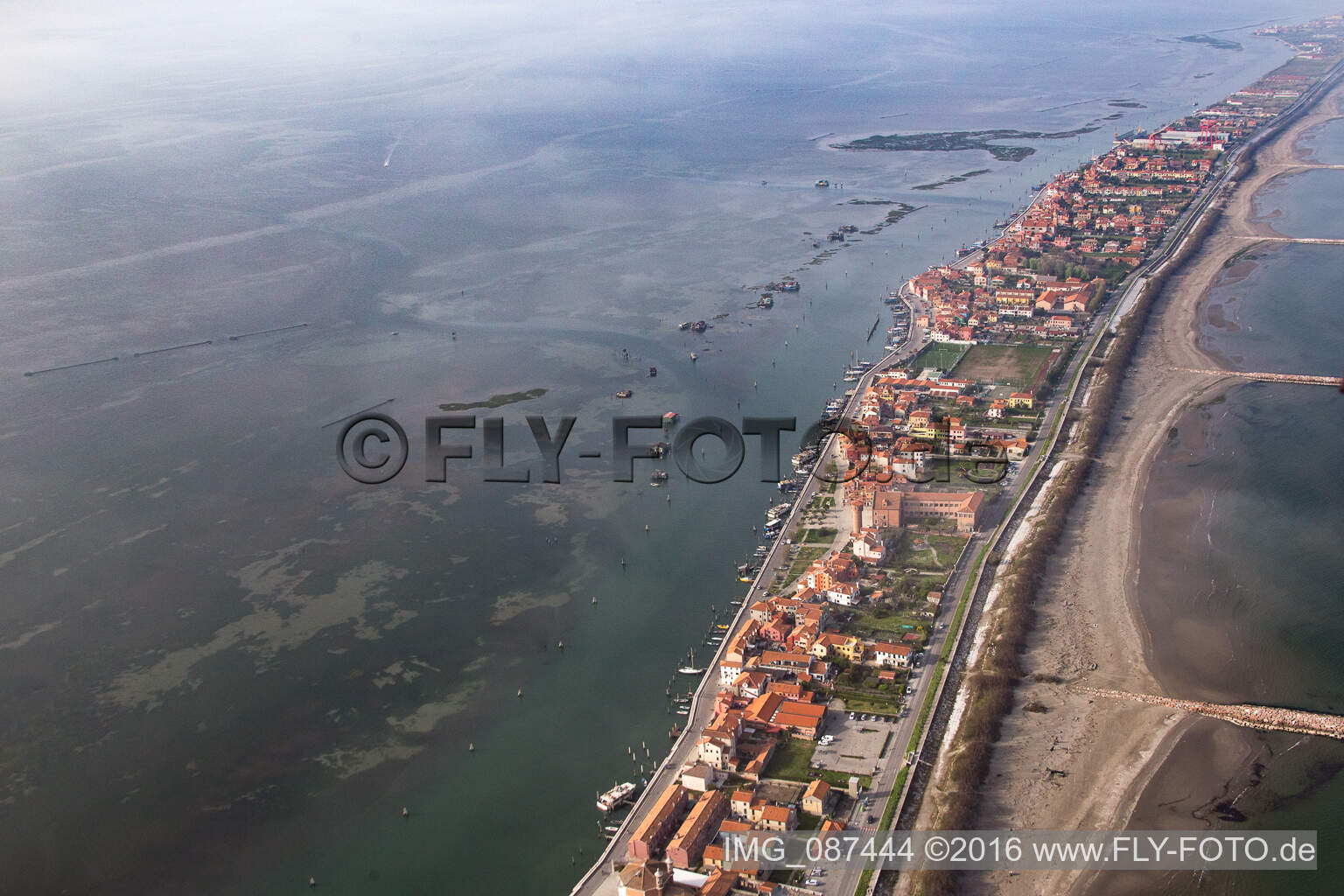 Settlement area in the district Pellestrina in Venedig in Venetien, Italy from the drone perspective