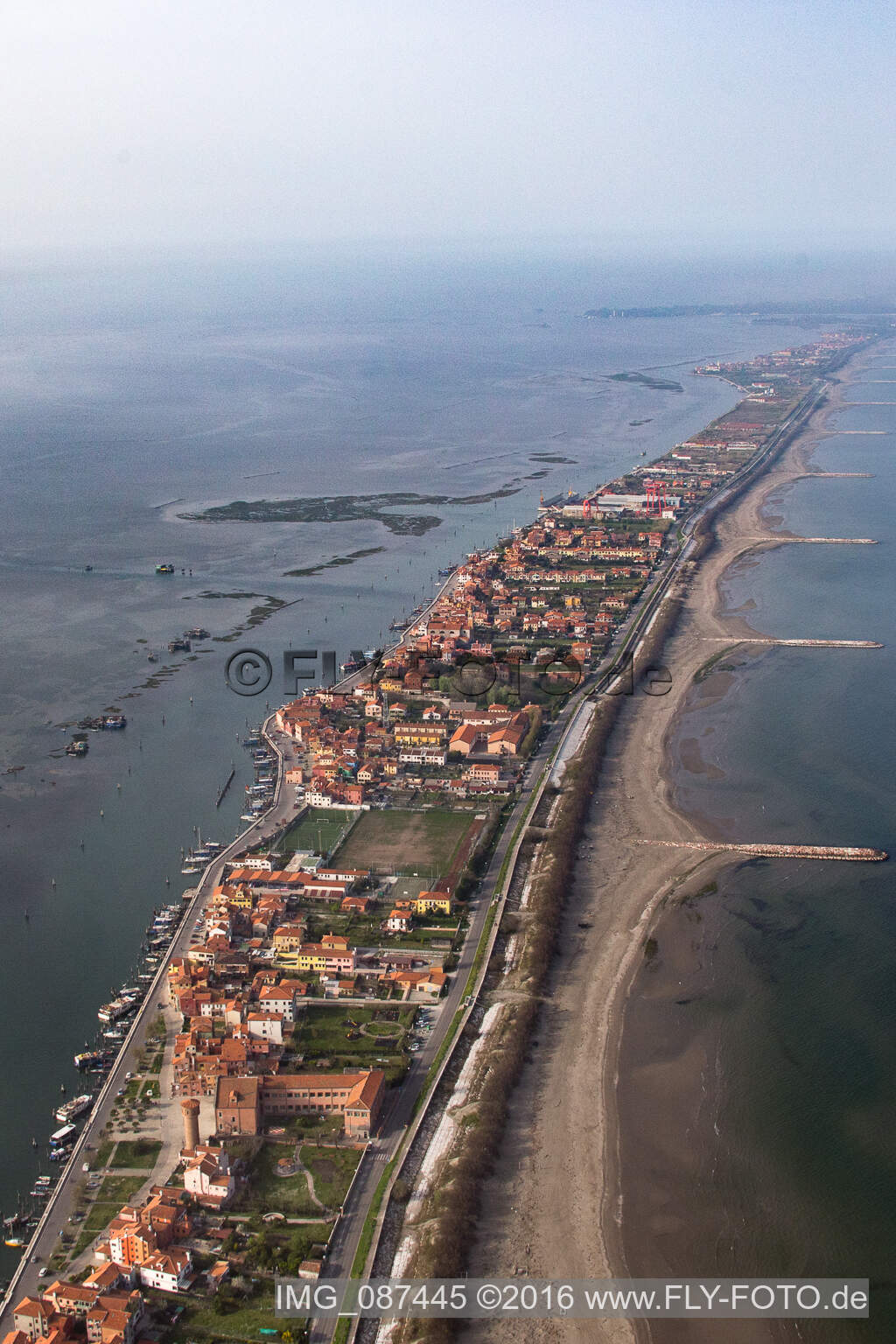 Settlement area in the district Pellestrina in Venedig in Venetien, Italy from a drone