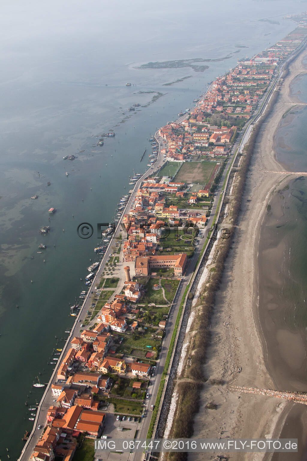 Aerial view of Settlement area in the district Pellestrina in Venedig in Venetien, Italy