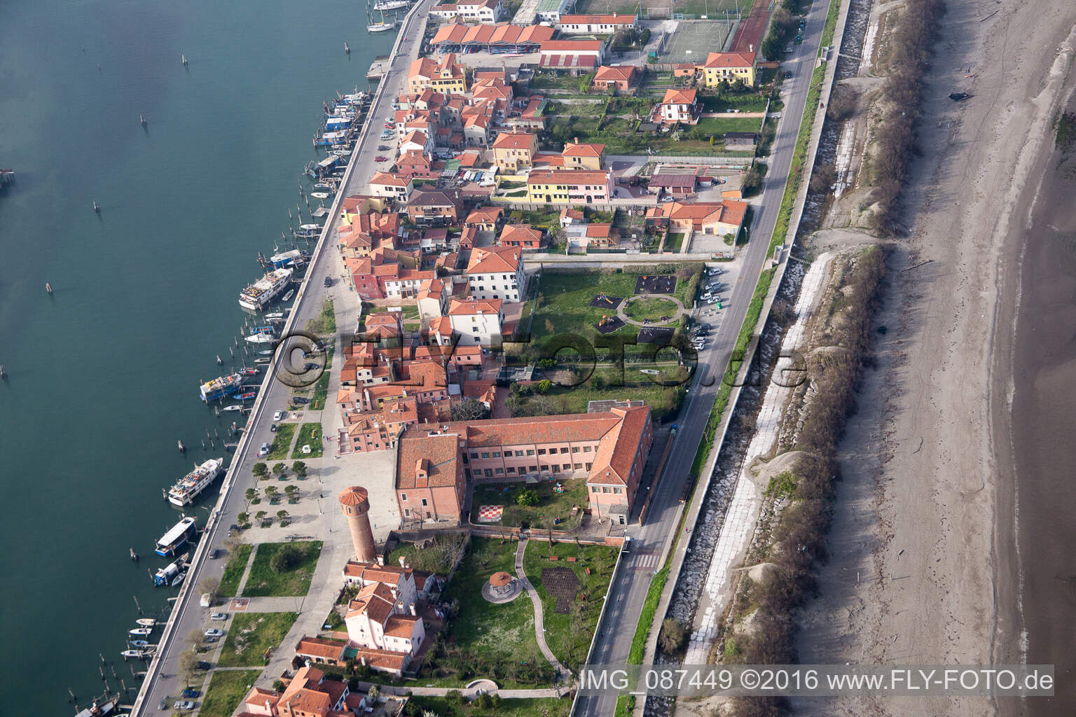 Aerial photograpy of Settlement area in the district Pellestrina in Venedig in Venetien, Italy