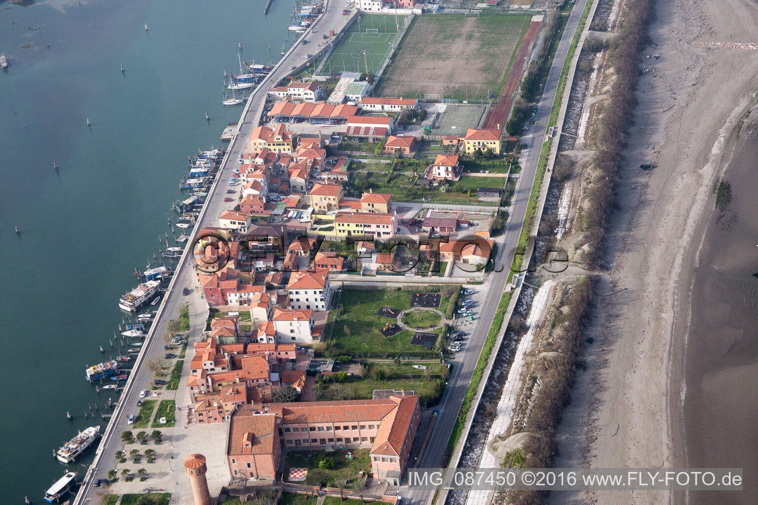 Oblique view of Settlement area in the district Pellestrina in Venedig in Venetien, Italy