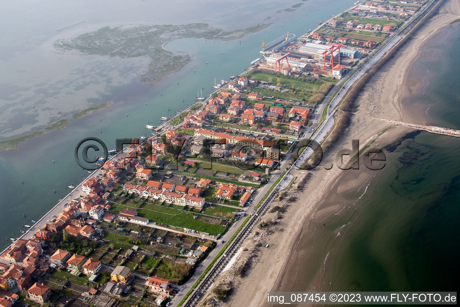 Aerial photograpy of Townscape on the seacoast of Mediterranean Sea in San Vito in Veneto, Italy