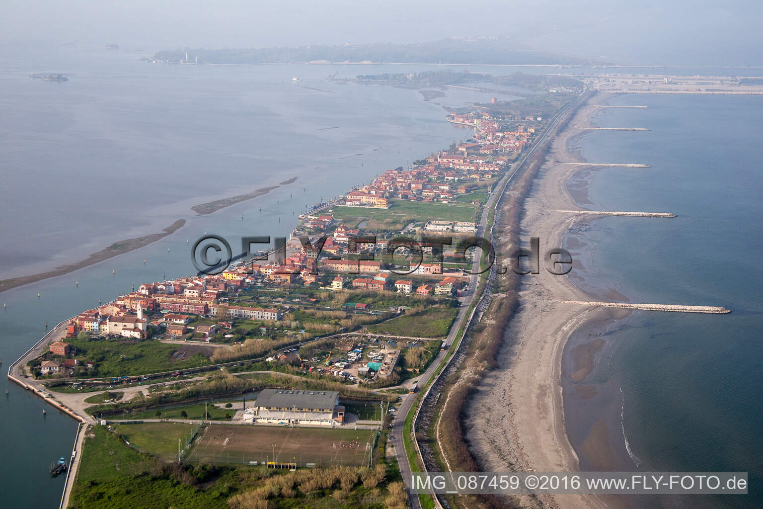 Aerial photograpy of Residential house development on the peninsula Lido di Venecia in the district San Pietro in Volta in Venedig in Venetien, Italy