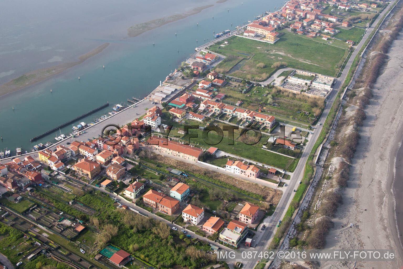 Residential house development on the peninsula Lido di Venecia in the district San Pietro in Volta in Venedig in Venetien, Italy out of the air