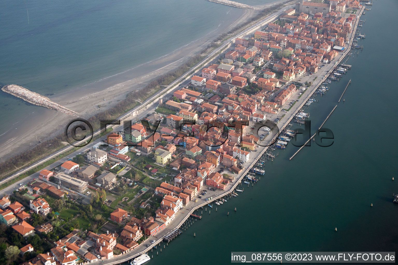 Townscape on the seacoast of Mediterranean Sea in San Vito in Veneto, Italy out of the air