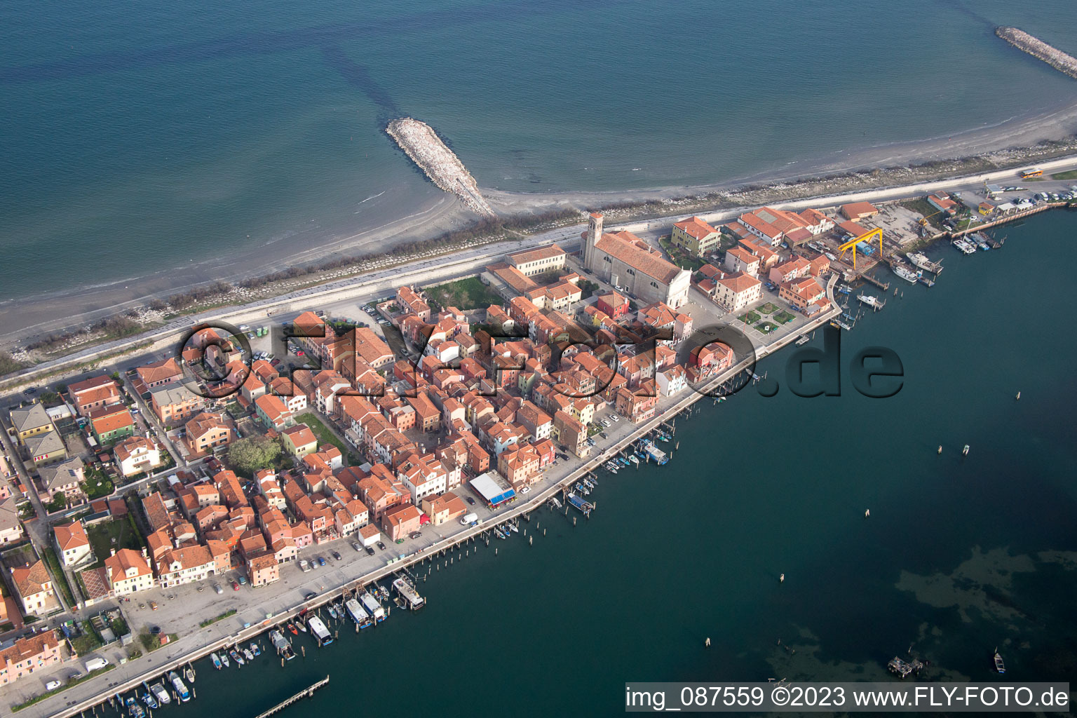 Townscape on the seacoast of Mediterranean Sea in San Vito in Veneto, Italy from the plane
