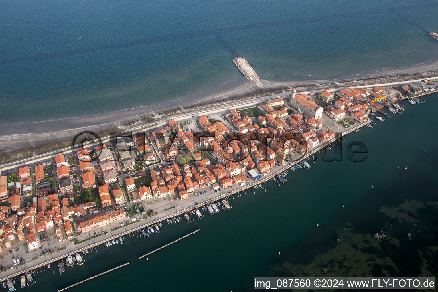 Bird's eye view of Townscape on the seacoast of Mediterranean Sea in San Vito in Veneto, Italy