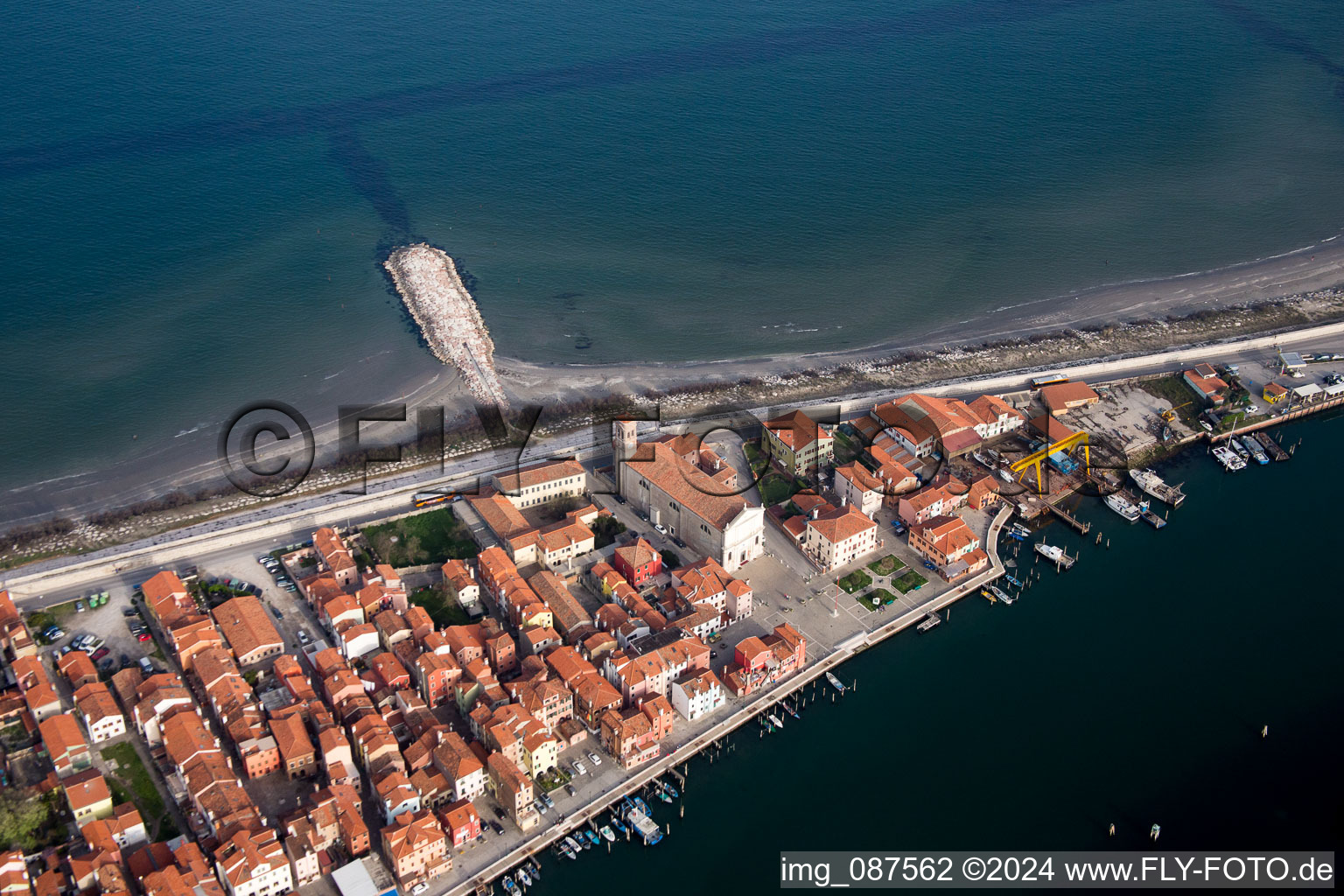Drone recording of Townscape on the seacoast of Mediterranean Sea in San Vito in Veneto, Italy