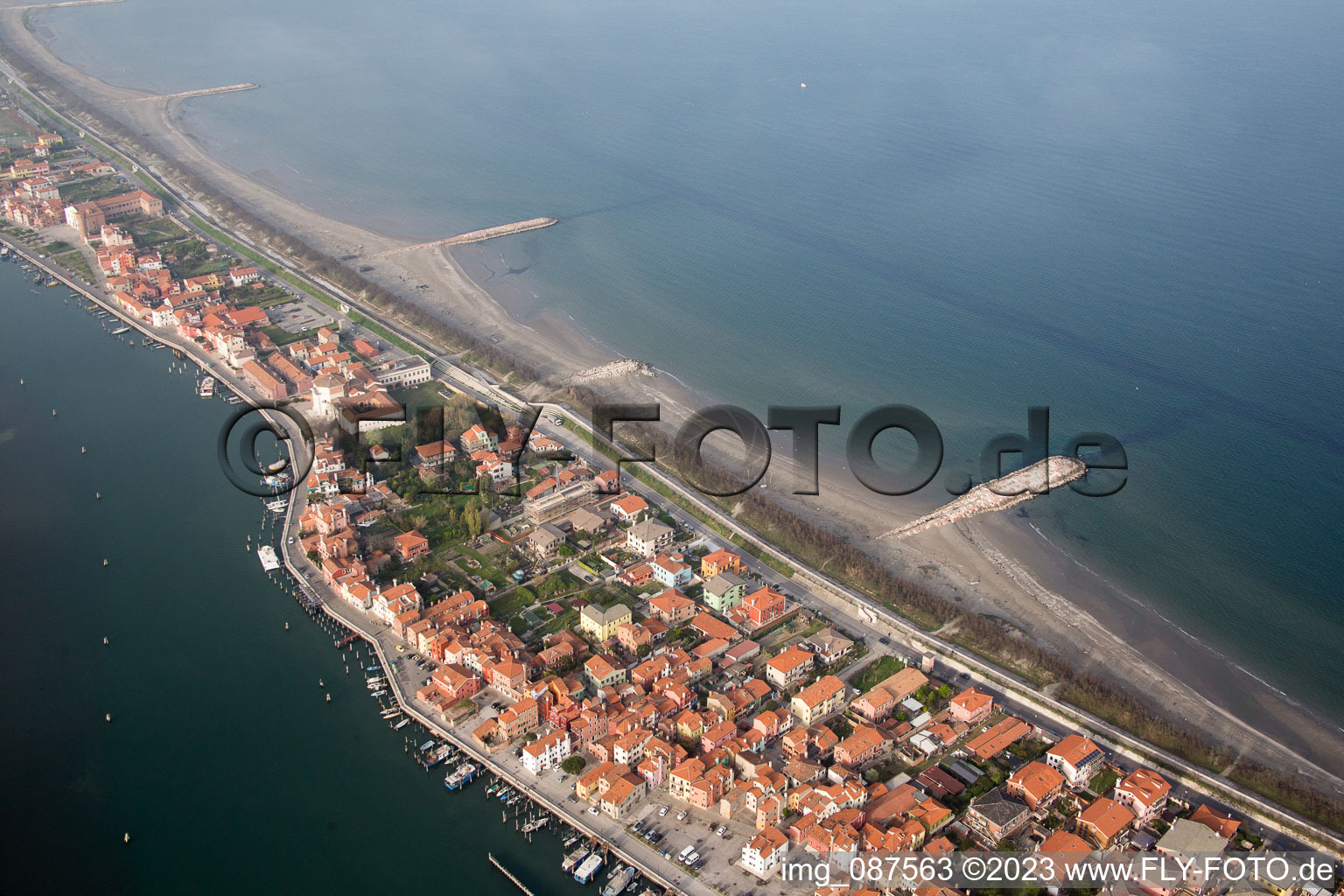Drone image of Townscape on the seacoast of Mediterranean Sea in San Vito in Veneto, Italy