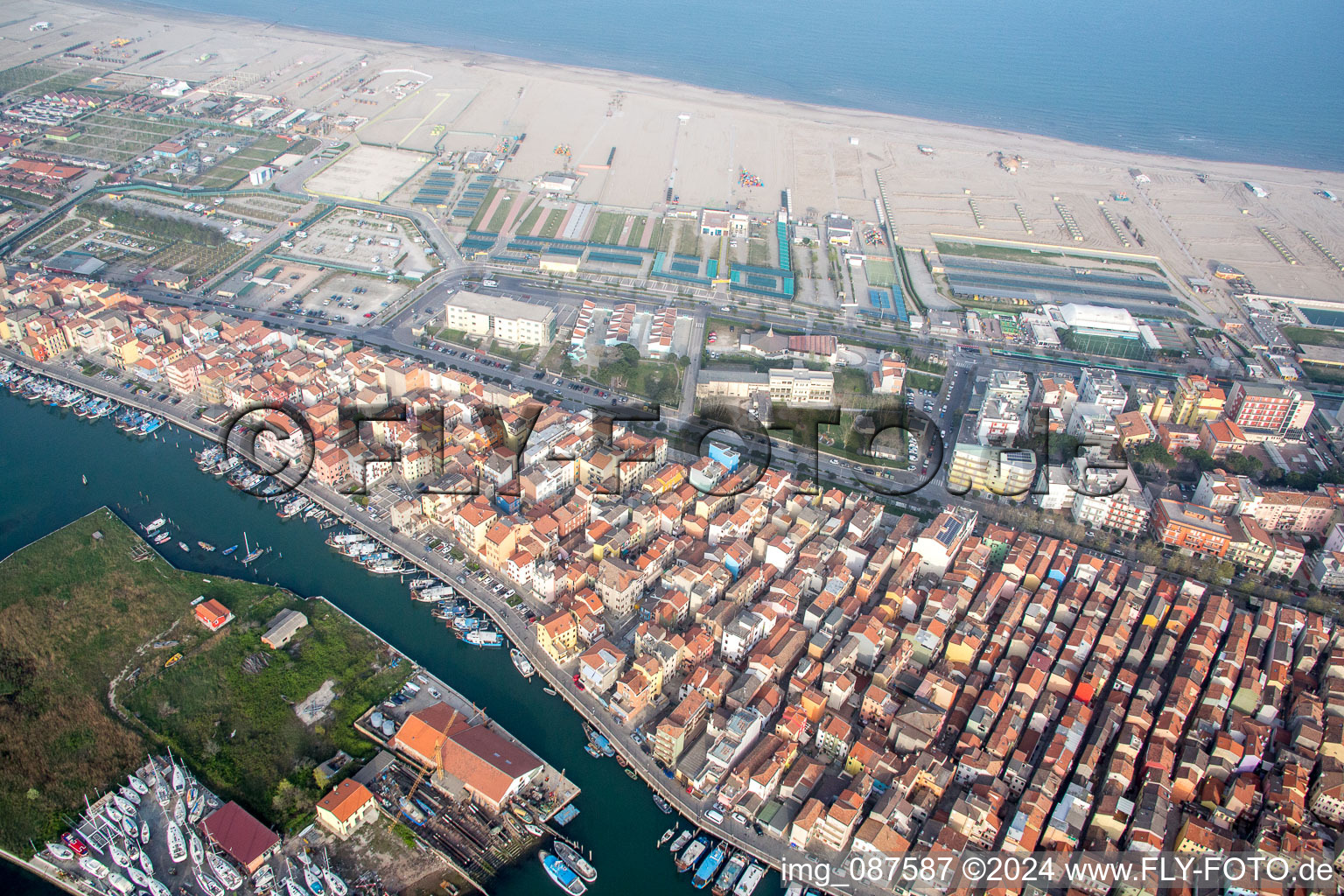 Aerial view of Chioggia in the state Metropolitanstadt Venedig, Italy