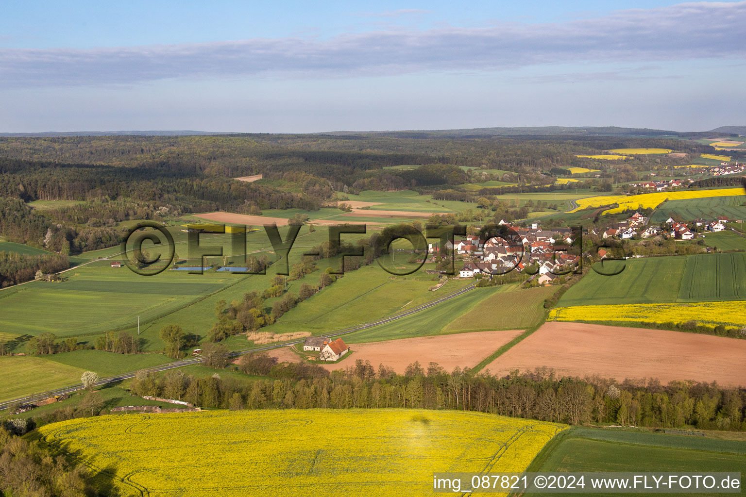 Aerial view of District Zettmannsdorf in Schönbrunn im Steigerwald in the state Bavaria, Germany