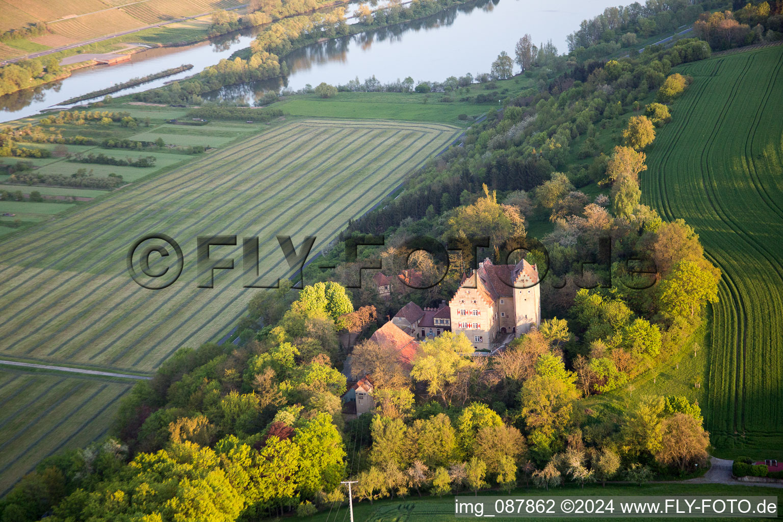 Aerial view of Klingenberg Castle in Wipfeld in the state Bavaria, Germany