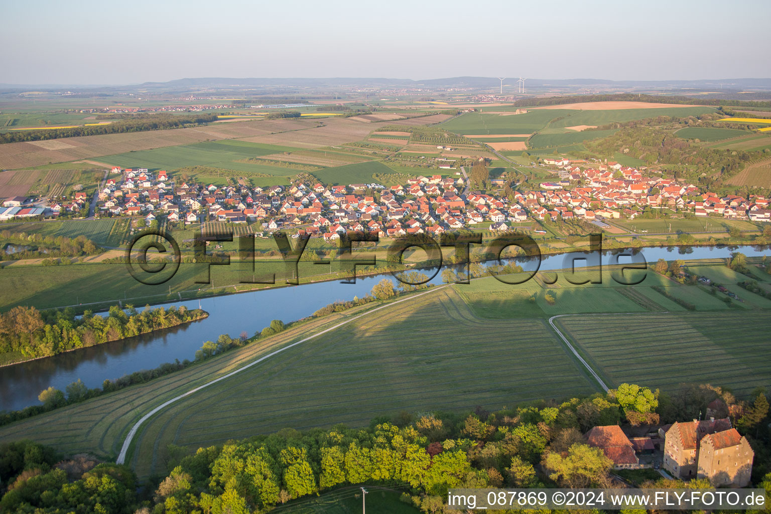 Village on the river bank areas of the Main river in the district Stammheim in Kolitzheim in the state Bavaria, Germany