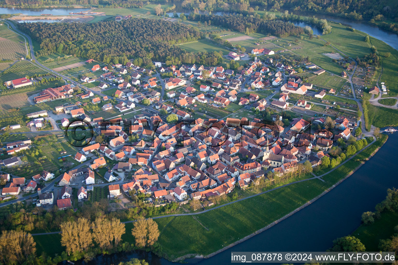 Village on the river bank areas of the Main river in the district Fahr in Volkach in the state Bavaria