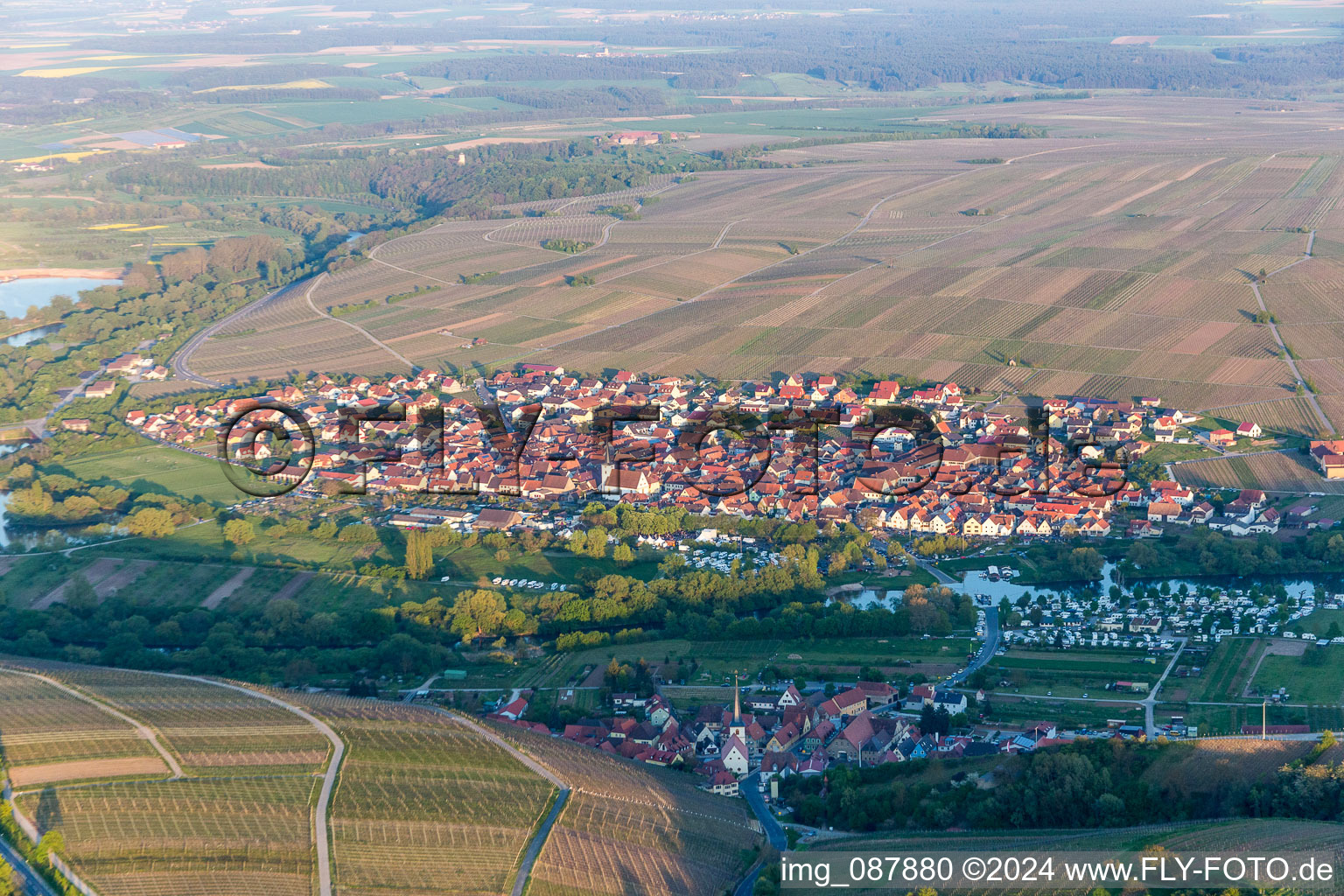 Aerial photograpy of District Escherndorf in Volkach in the state Bavaria, Germany