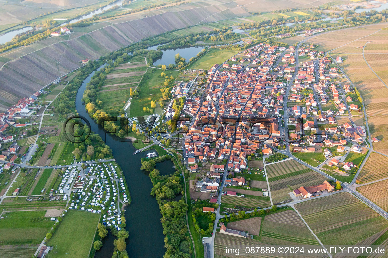 Aerial view of Fields of wine cultivation landscape in Nordheim am Main in the state Bavaria, Germany