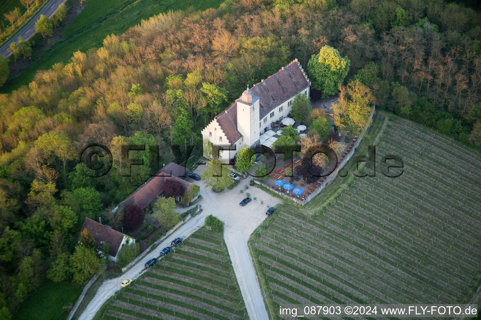 Aerial view of Castle of Hallburg Vinothek with wine yard in Volkach in the state Bavaria, Germany