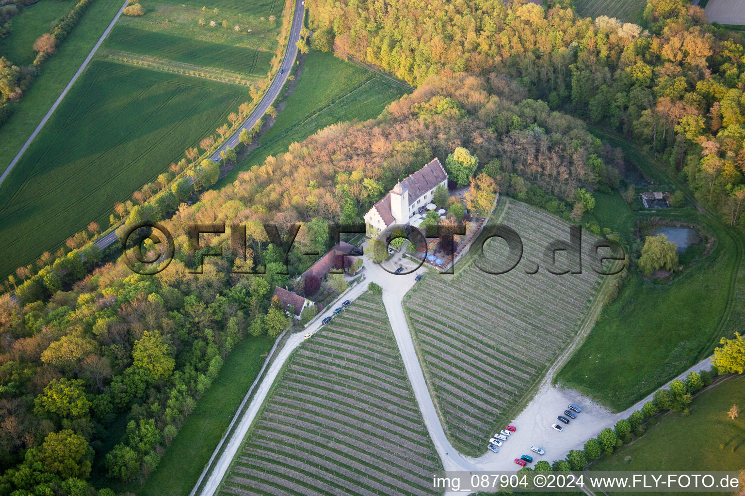 Aerial photograpy of Castle of Hallburg Vinothek with wine yard in Volkach in the state Bavaria, Germany