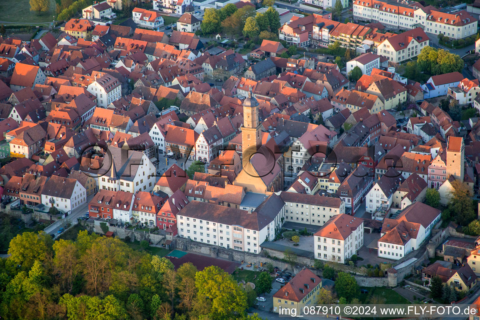 Aerial photograpy of Churches building the chapel Wallfahrtskirche Maria in Weingarten in Volkach in the state Bavaria, Germany