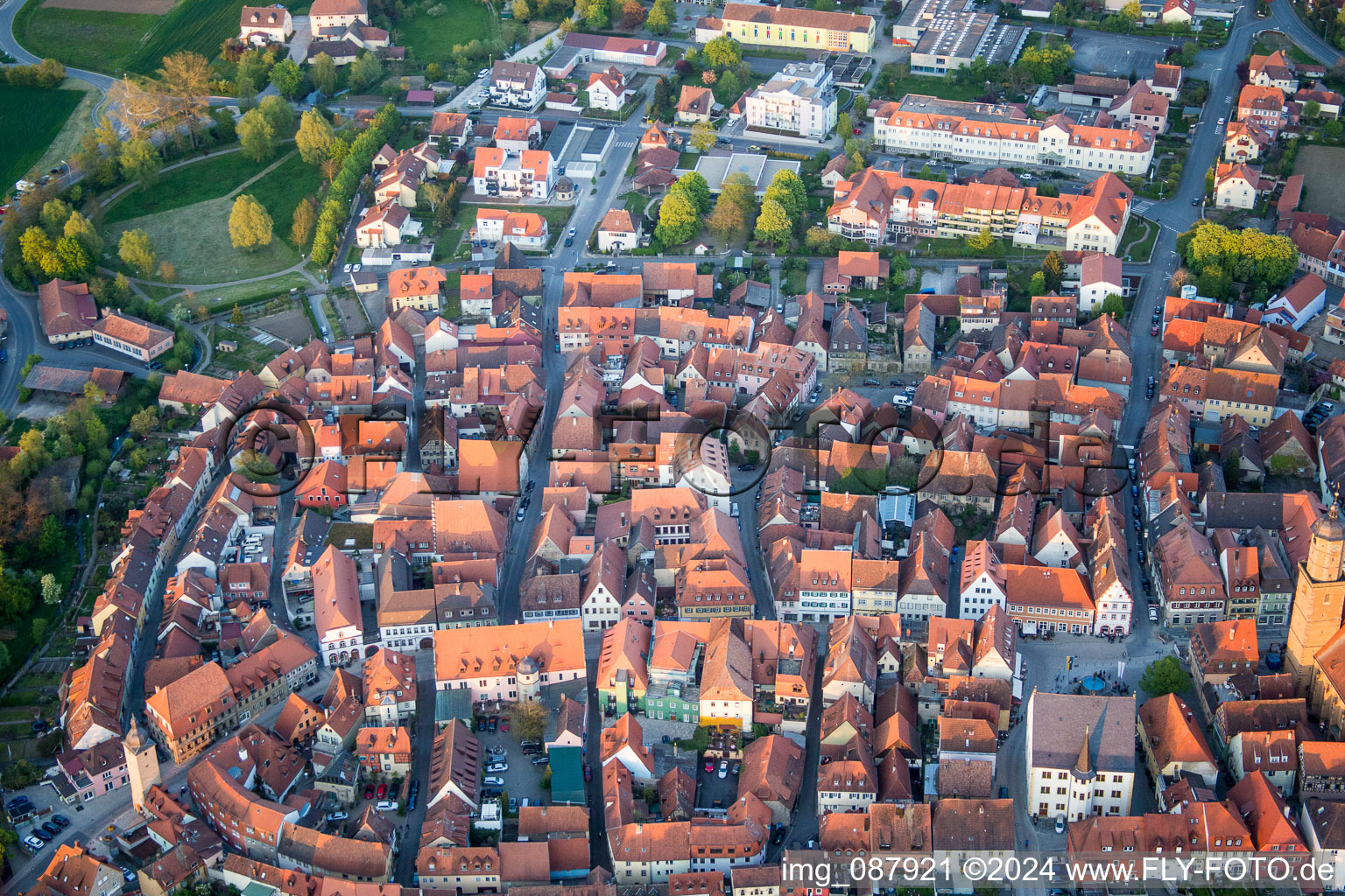 Aerial photograpy of Old Town area and city center in Volkach in the state Bavaria, Germany