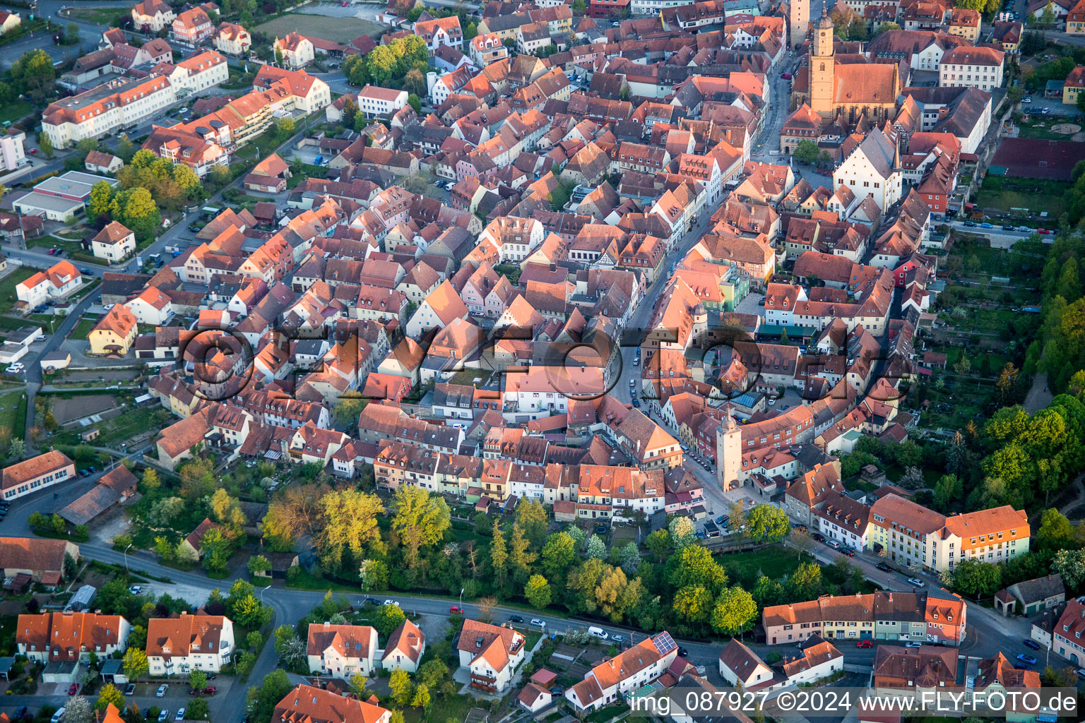 Oblique view of Old Town area and city center in Volkach in the state Bavaria, Germany